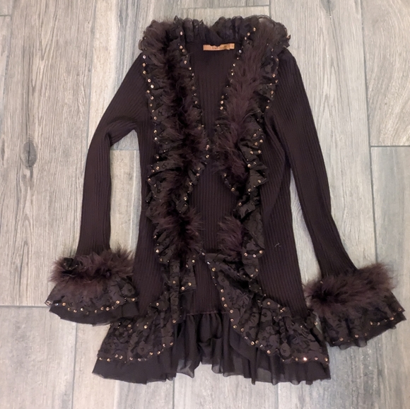 Belldini Sweaters - Vintage Belldini Brown Y2K 90s Lace Sequin Feather cuffs Ruffle Sweater